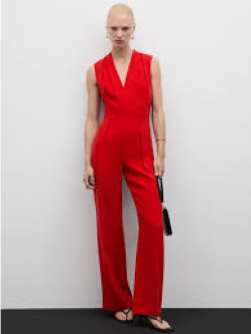 Structured V-Neck Sleeveless Red Wide-Leg Jumpsuit